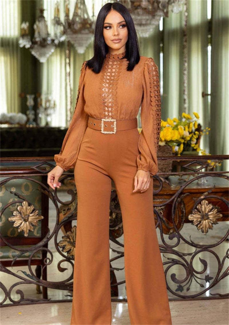 Woman Jumpsuit Birthday Long Sleeve Hollow Out High Waist One Pieces Overalls Club Party Outfits with Belt
