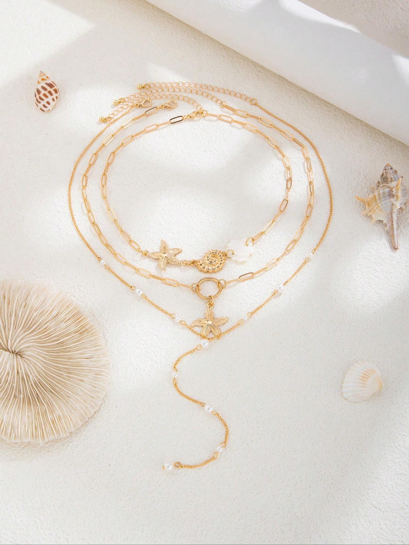 3-Piece Bohemian Style Metal Starfish and Seashell Pendant Necklace, Vintage Elegant Fashion Imitation Pearl Y-Shape Necklace Set for Women, Daily and Vacation Jewelry, Exquisite Chain Jewelry