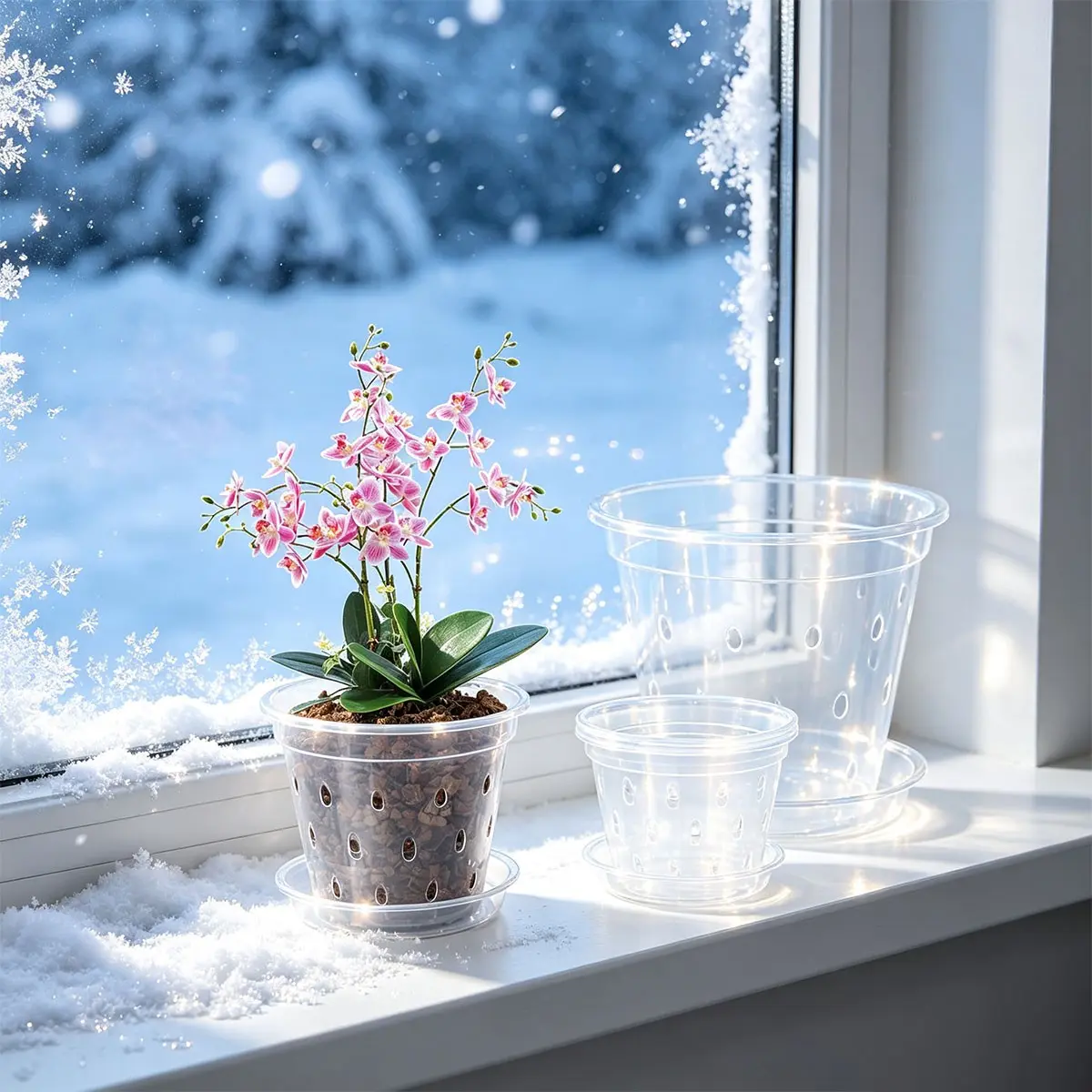 Transparent Flower Pots with Base, 3/4/5/6/7 Inches, Plastic Orchid Pots with Drainage Holes, Indoor Outdoor Planters, Aeration Slots