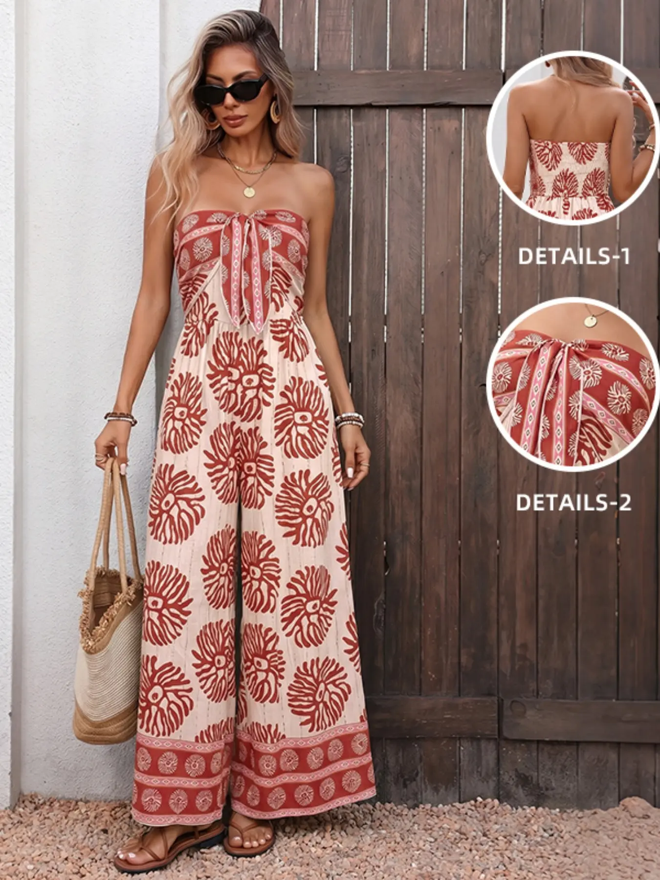 Boho Style One-Piece Pants, Sunflower Print Halter Top, Wide Leg Long Pants, Vacation Fashion, Comfortable and Stylish