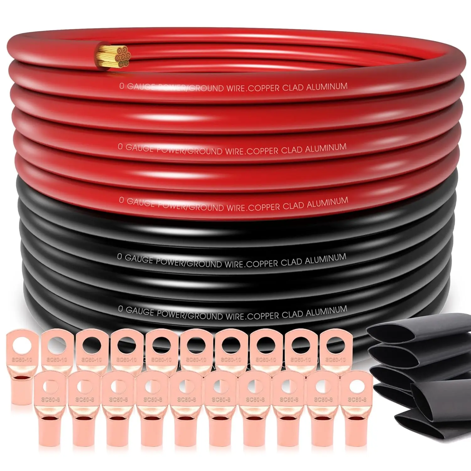 40FT 0 Gauge (1/0) Copper Clad Aluminum Battery Cable Kit with 20 Terminal Connectors, 3:1 Heat Shrink Tube - High Performance & Economy 250A Wire for Car Amp, Winch, Automotive Battery Repair, 20Ft-Red