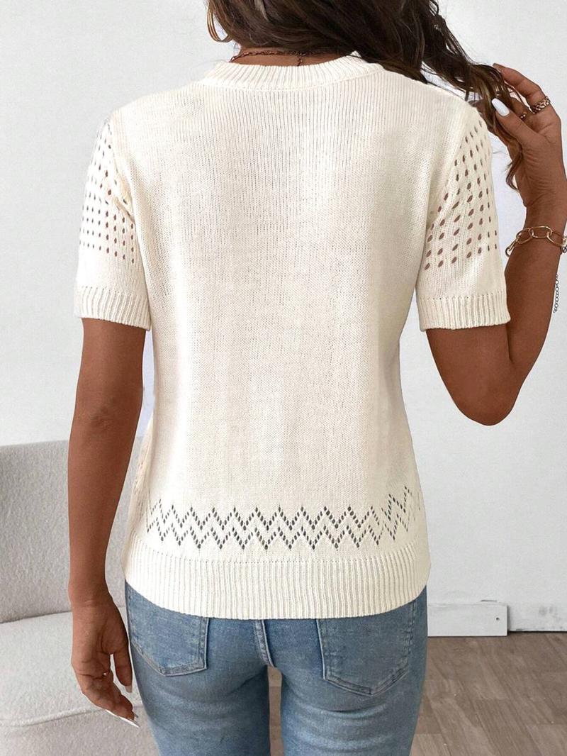 Women's Plain Hollow Out Crew Neck Sweater, Casual Short Sleeve Jumper for Summer, Fashion Women's Knitwear for Daily Wear