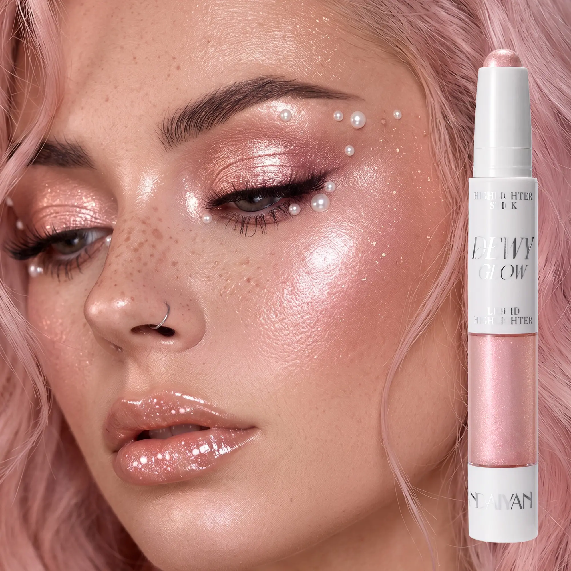 Dual-Ended Glowy Highlighter, 2-in-1 High Shine Glow Makeup Stick with Cream Stick and Liquid Illuminator, Smooth Blendable Face Highlight for Nose Bridge, Cheekbones, Brow Bone, Collarbone, Daily Makeup and Party Look