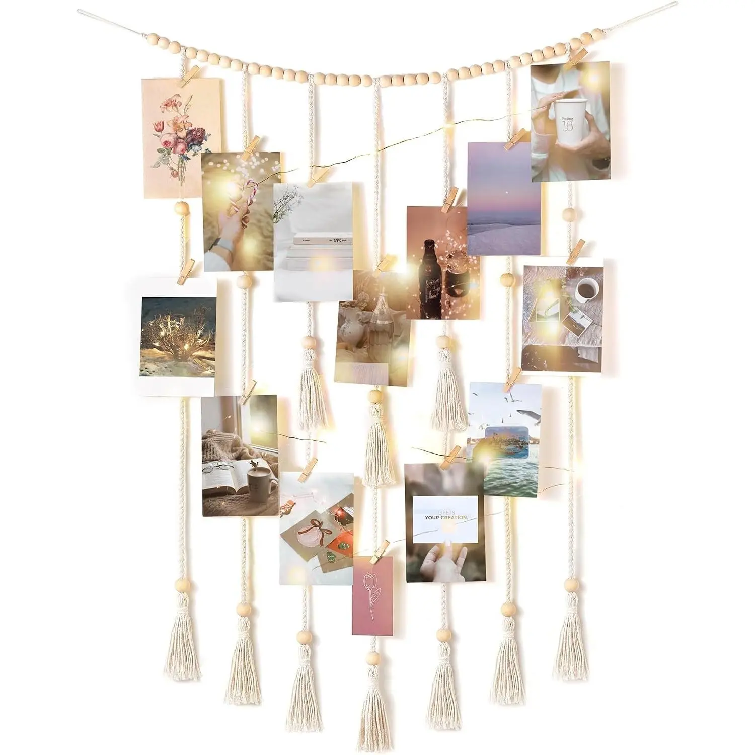 Hanging Photo Display with String Lights and 30 Wood Clips, Ivory Boho Macrame Wall Decor for Teen Girls, Aesthetic Cards Artwork Holder for Bedroom Nursery Living Room DormGift