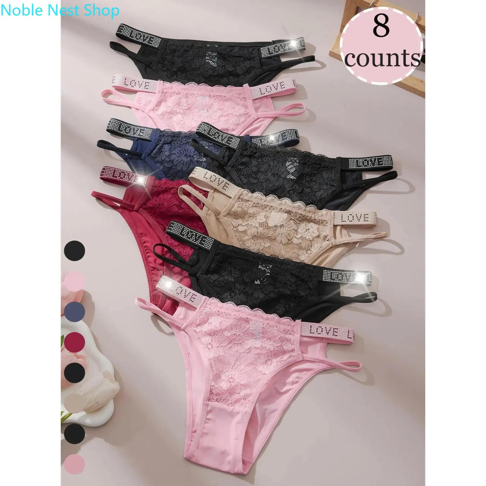 Floral Lace Panties for Women, Rhinestone Love Letter Contrast Design Soft Breathable Stretchy Comfy Underwear