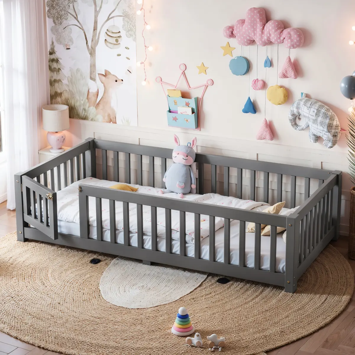Twin Size Floor Bed Frame with Safety Guardrails and Door for Kids, No Box Spring Needed, Gray