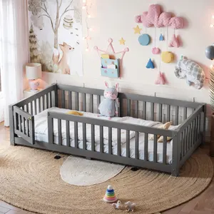Twin Size Floor Bed Frame with Safety Guardrails and Door for Kids, No Box Spring Needed, Gray