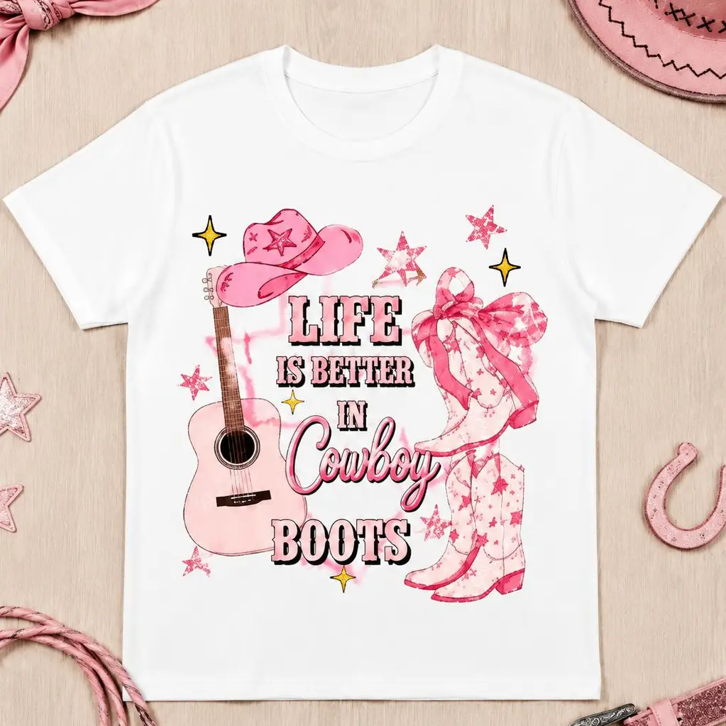 Life Is Better In Cowboy Boots Graphic T-Shirt for Women Pink Western Cowgirl Tee Cute Country Rodeo Shirt Nashville Boots Hat Guitar Coquette Graphic Top Gift for Country Music Lovers