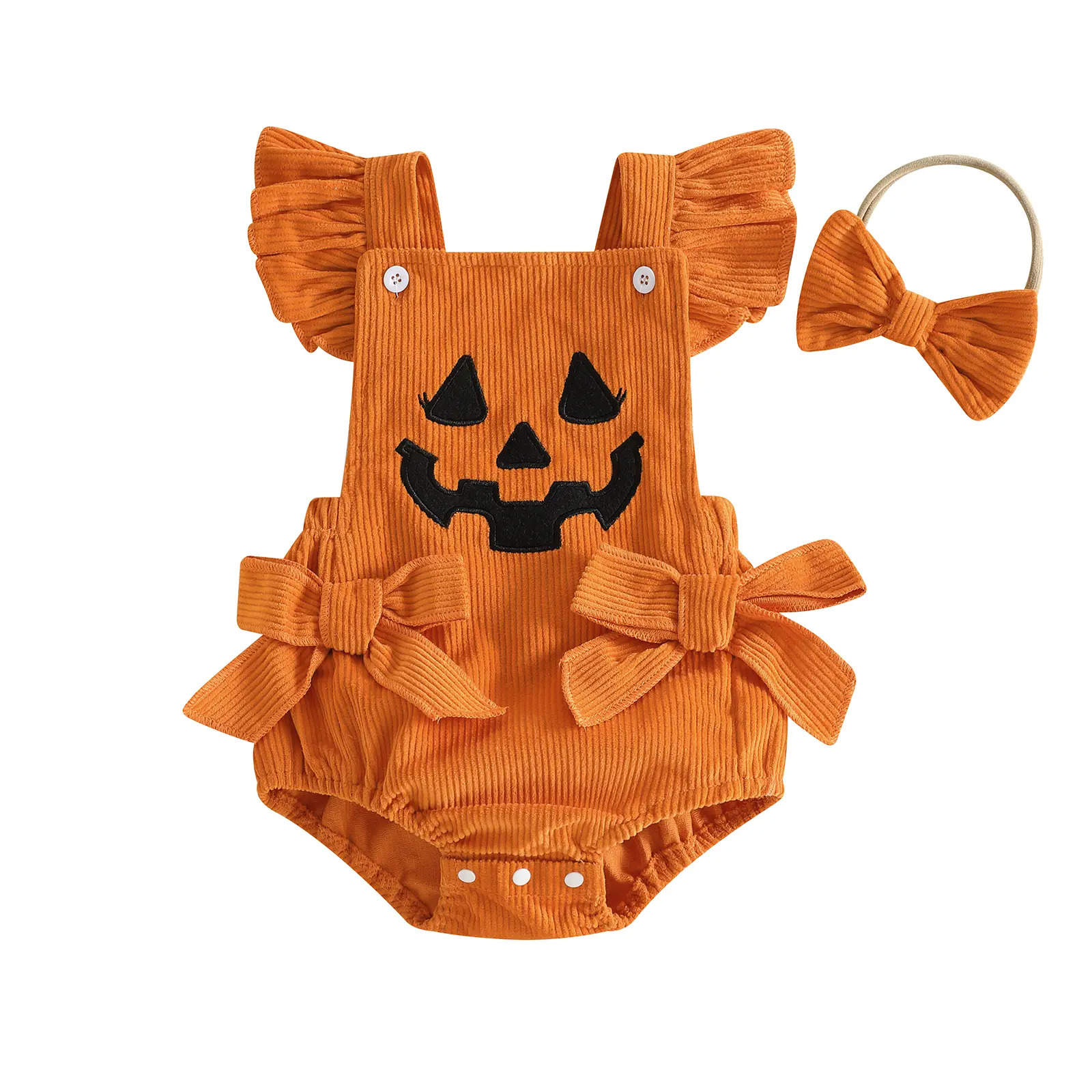 Infant Baby Girl Halloween Outfit Face Pattern Bows Ribbed Flying Sleeve Romper and Headband Set 0-18 Months