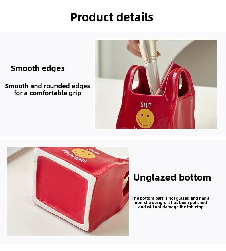 Unique handcrafted bag, creative ceramic pen holder for desktop, stationery storage box, small decorative makeup pen holder