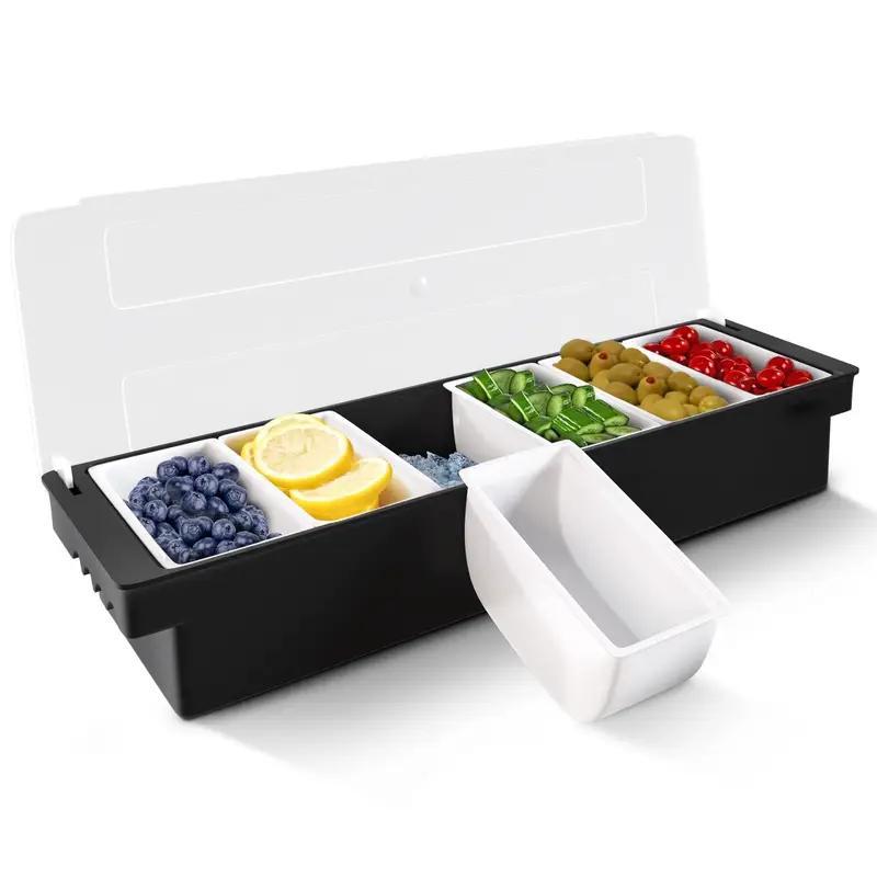6-grid Ingredient Station, 1 Set Durable Plastic Ingredient Storage Box with Lid, Food Storage Container for Bar, Ice Cream Shop, Salad Bar, Kitchen