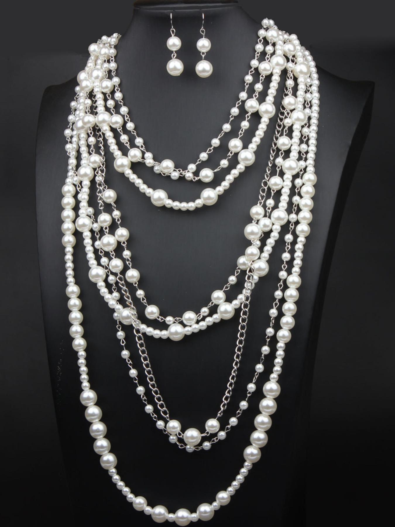 Exaggerated Multi-layer Faux Pearl Decorated Necklace & Dangle Earrings, Elegant Jewelry Set for Party, Daily Decor, Trendy All-match & Exquisite Jewelry for Birthday Gift