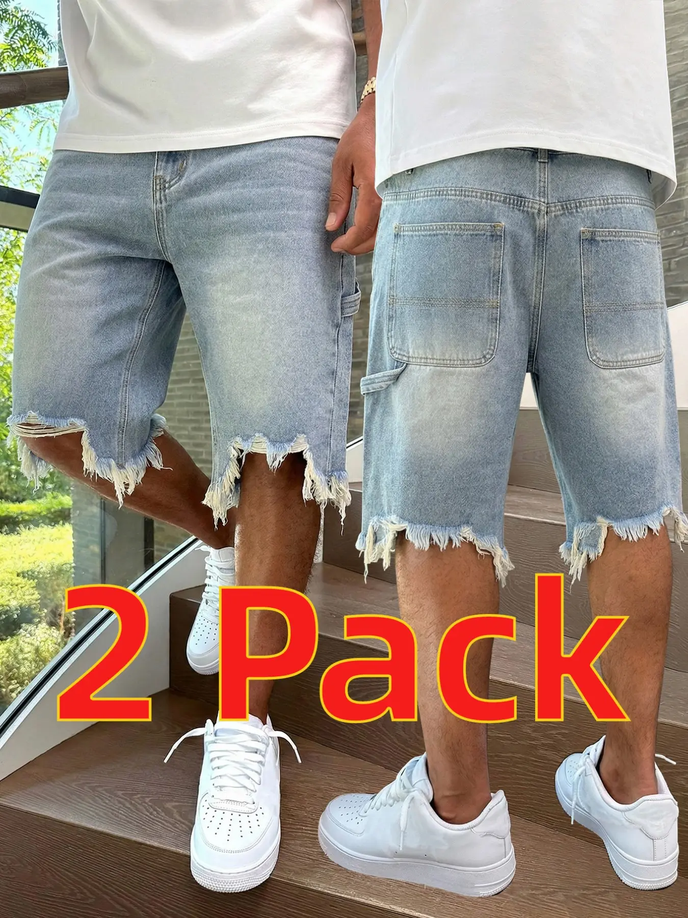 2 Pack Men’s Jean Shorts XS-XXL, W30-W40 Light Wash Frayed Hem Denim Shorts for Summer