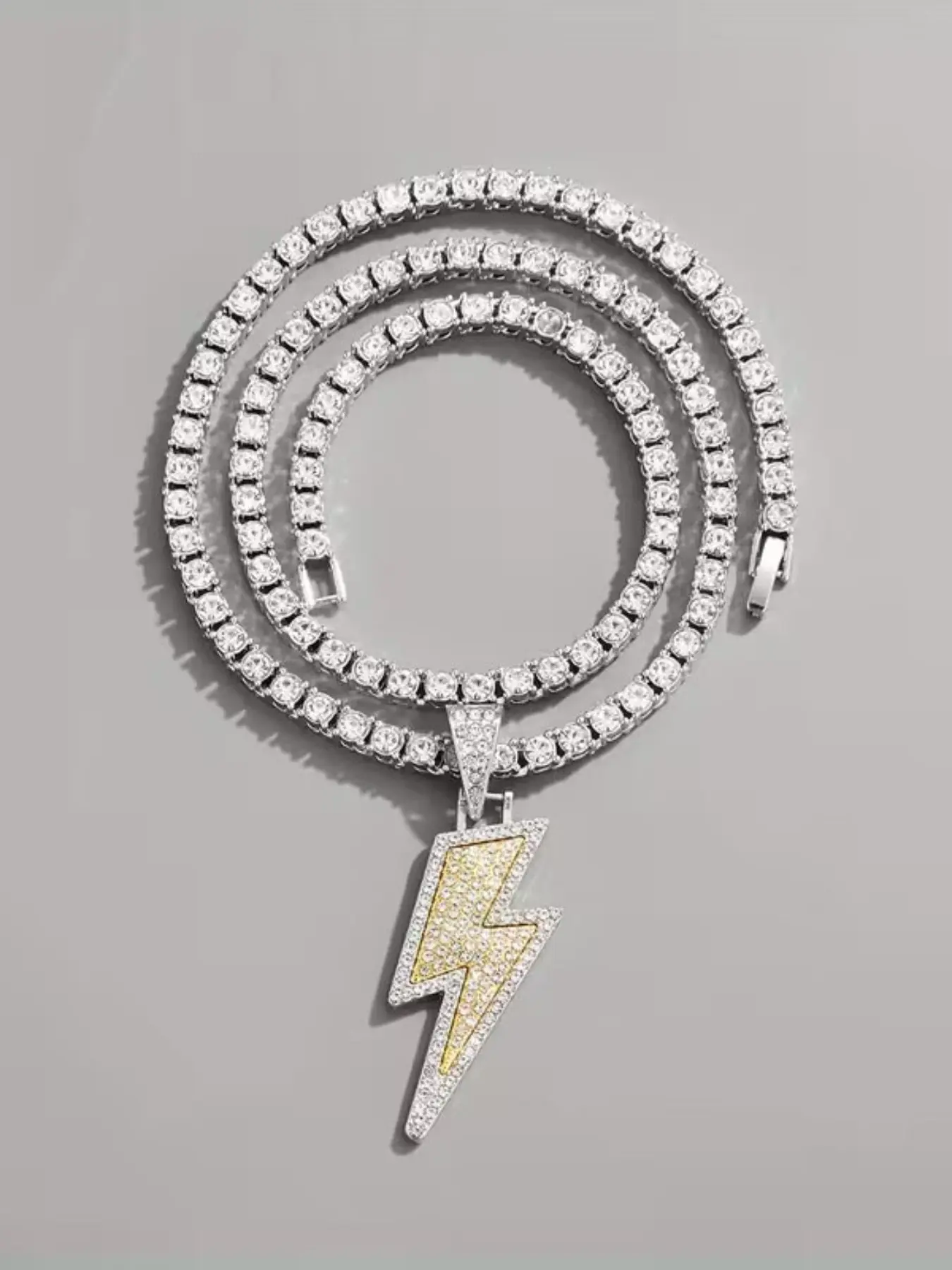 Hip Hop Lightning Pendant Necklace, Zircon Tennis Chain, Shimmering Hip Hop Jewelry, Exquisite Chain Jewelry, Unisex, Elegant Stainless Steel, All Seasons Gift, Fashion Accessories