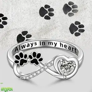 Elegant Infinity Twist Puppy Paw Print Heart Crystal Ring, Engraved Always In My Heart Pet Memorial Band, Paved Tiny Rhinestone Infinity Loop Animal Lover Jewelry, Dainty Silver Plated Pet Keepsake Accessory For Daily Wear Birthday Pet Loss Remembrance
