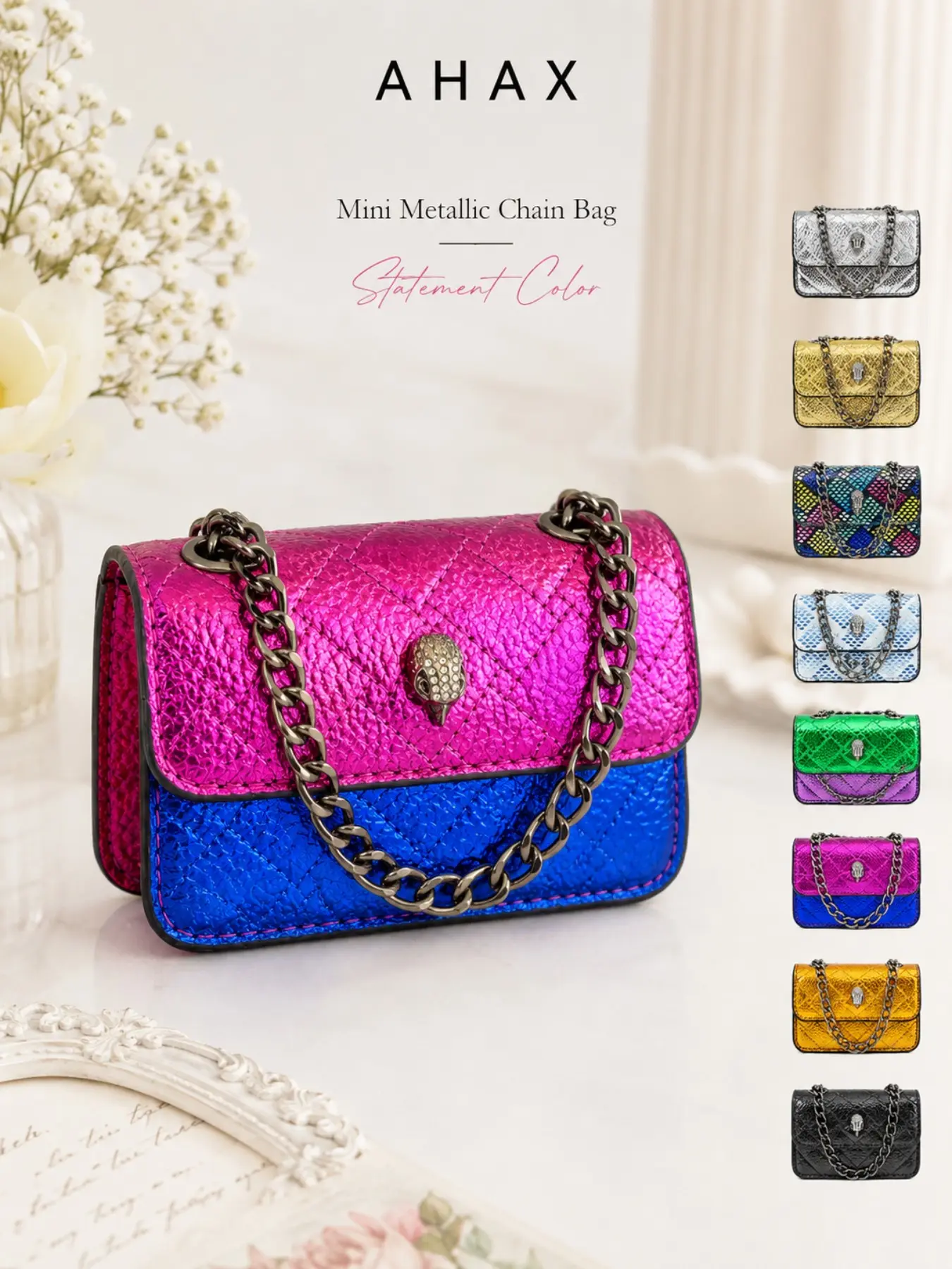 Ahax Women's Crossbody Bag, Y2K Metal Finish PU Eagle Head Rhombus Mini Bag, Colorblock Chain Lipstick Coin Purse, Party Fashion Accessory