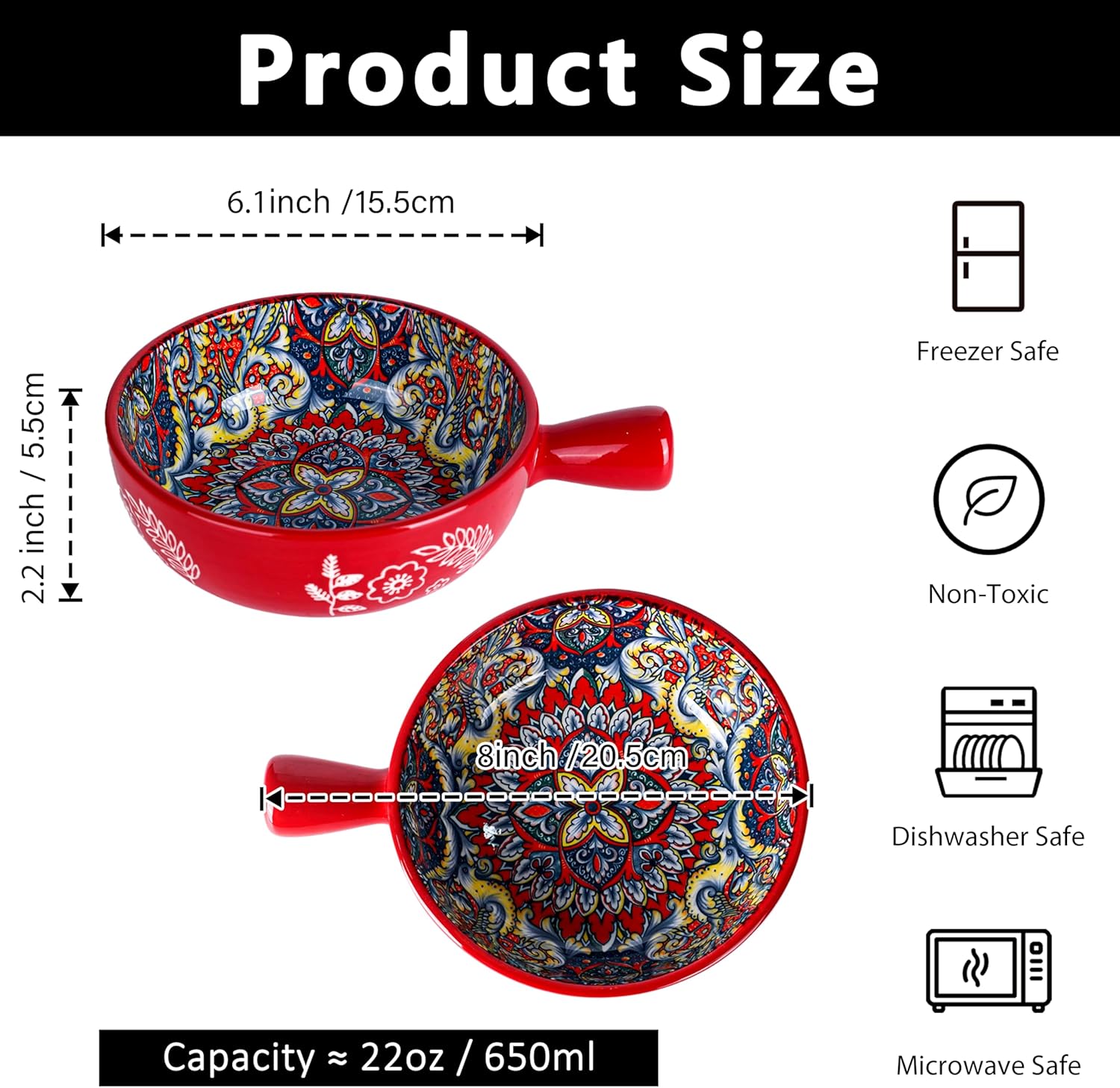 22 Oz soup bowls with handles set of 4-6 Inch Porcelain french onion soup bowls oven safe - Stackable Soup Crocks for Pasta, Beef Stews, Cereal, Bohemian Dishwasher Safe