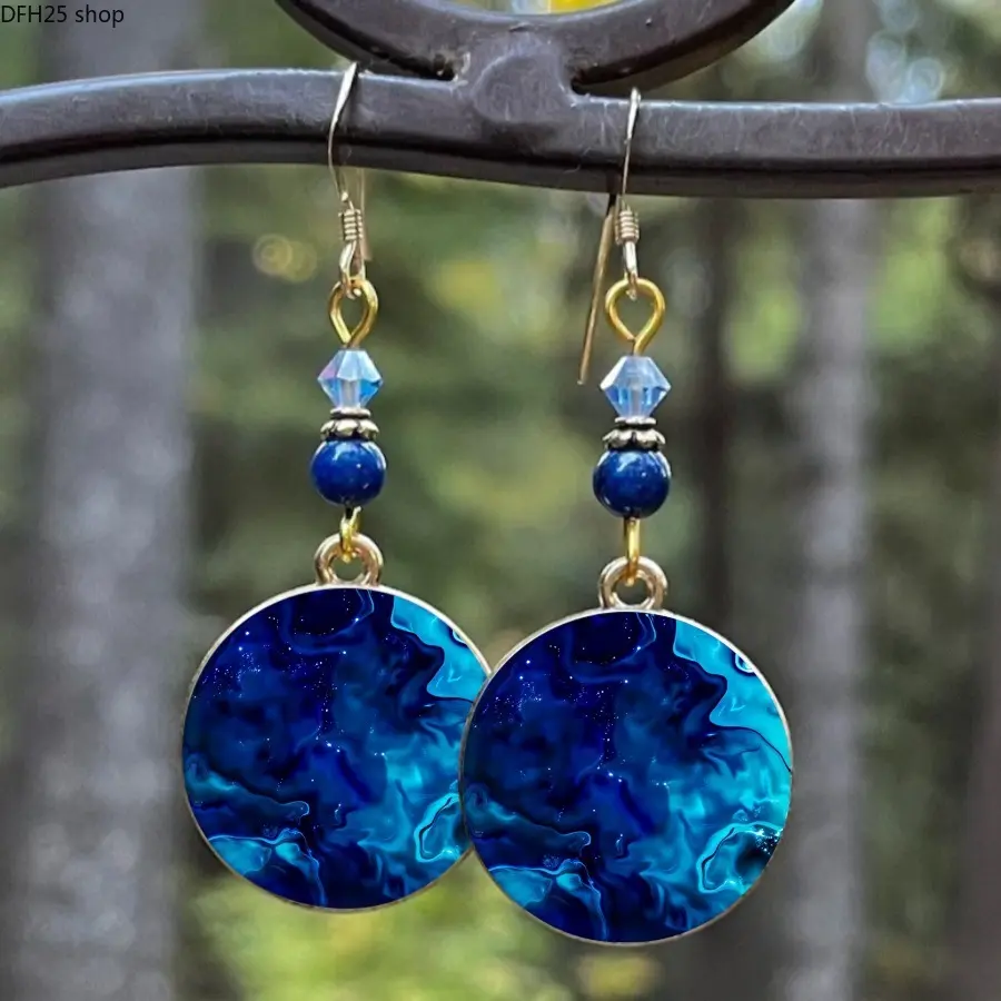 Deep Ocean Blue Fluid Star Sequin Dangle Earrings, Retro Light Luxury Unique Ear Jewelry For European And American Daily Outfits