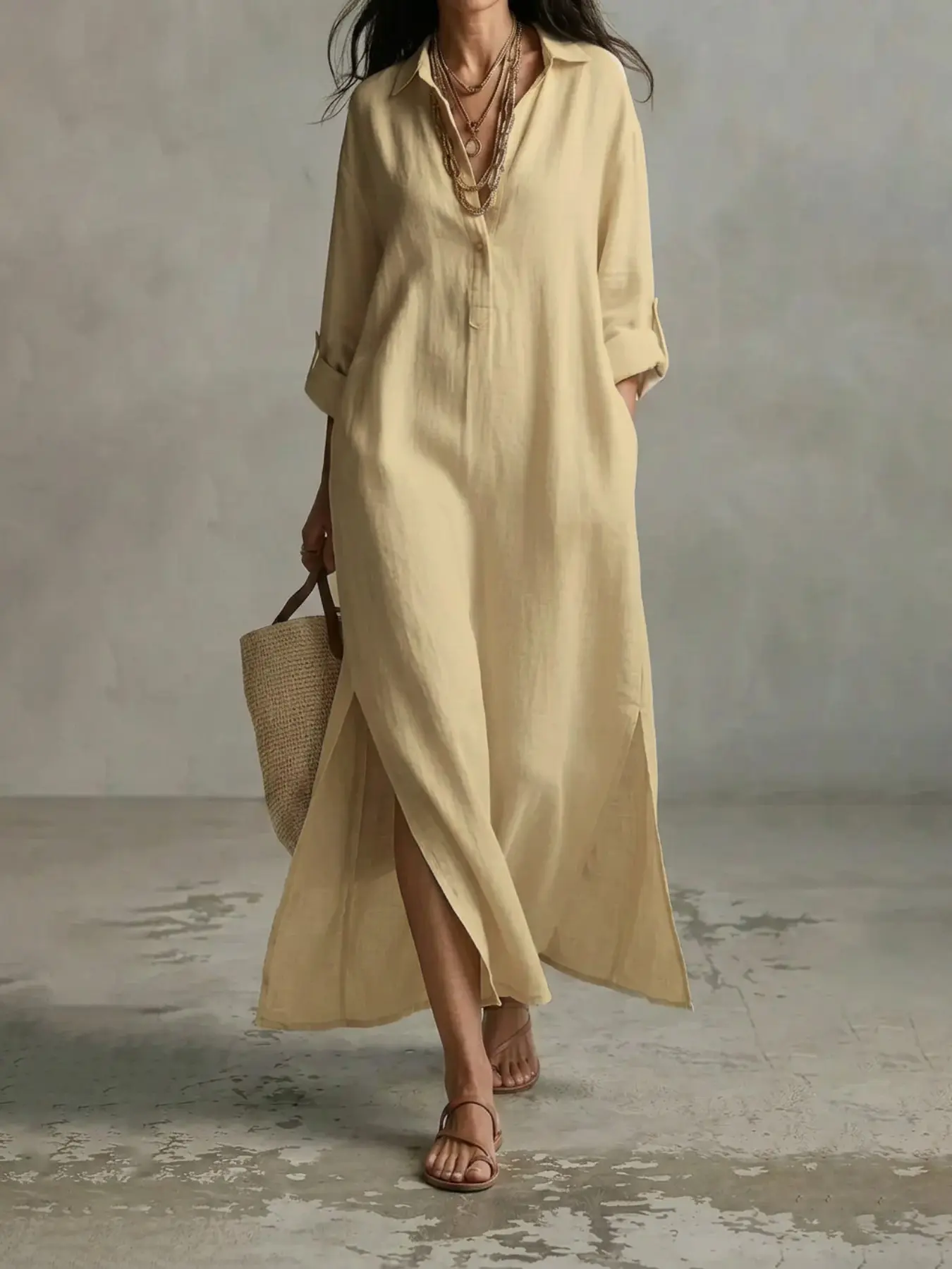Women's Casual Loose Pure Color Collar Half Open Button Design Fashion Linen Dress, Perfect for Daily Wear, Ladies' Dress