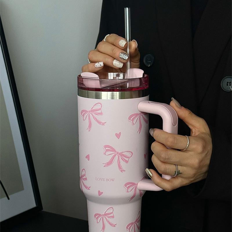 Bow Pattern Tumbler Cup, 40oz Large Capacity Stainless Steel Insulated Cup with Handle, Portable Coffee Cup for Travel, School, Office, Outdoor, Gym, Drinkware, Vacuum Insulated Tumbler