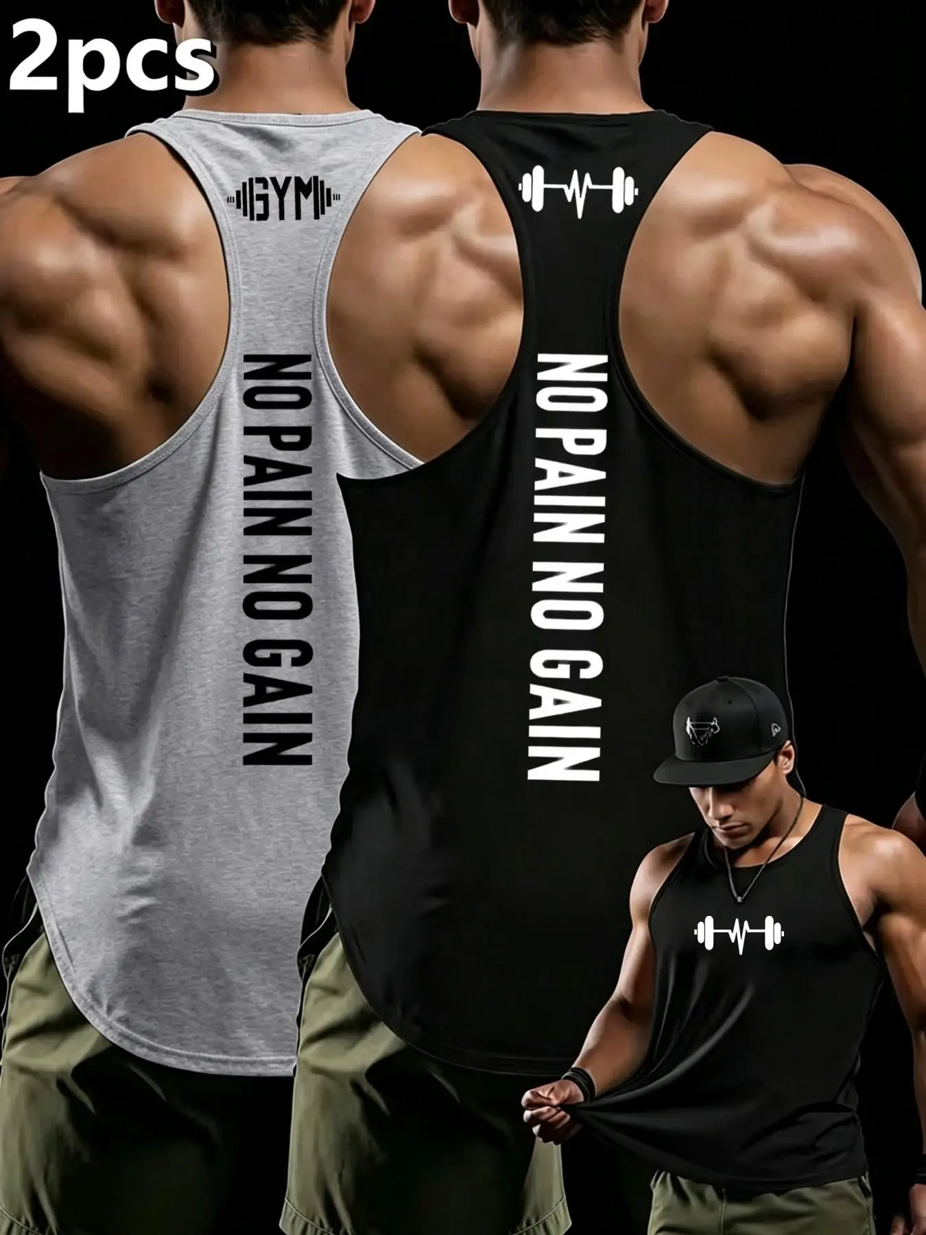2-Pack Men's Sporty Tank Tops, No Pain No Gain Print, High Stretch Breathable Sleeveless Tees, Ideal for Gym, Running, Basketball