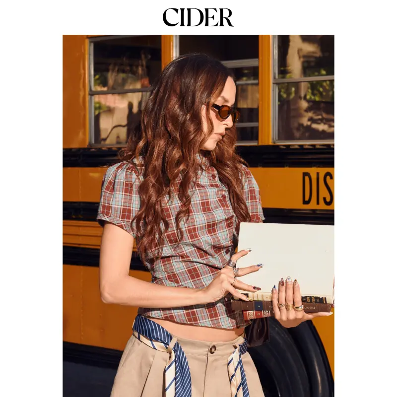 Cider Plaid Stand Collar Puff Sleeve Tie Back Button Blouse