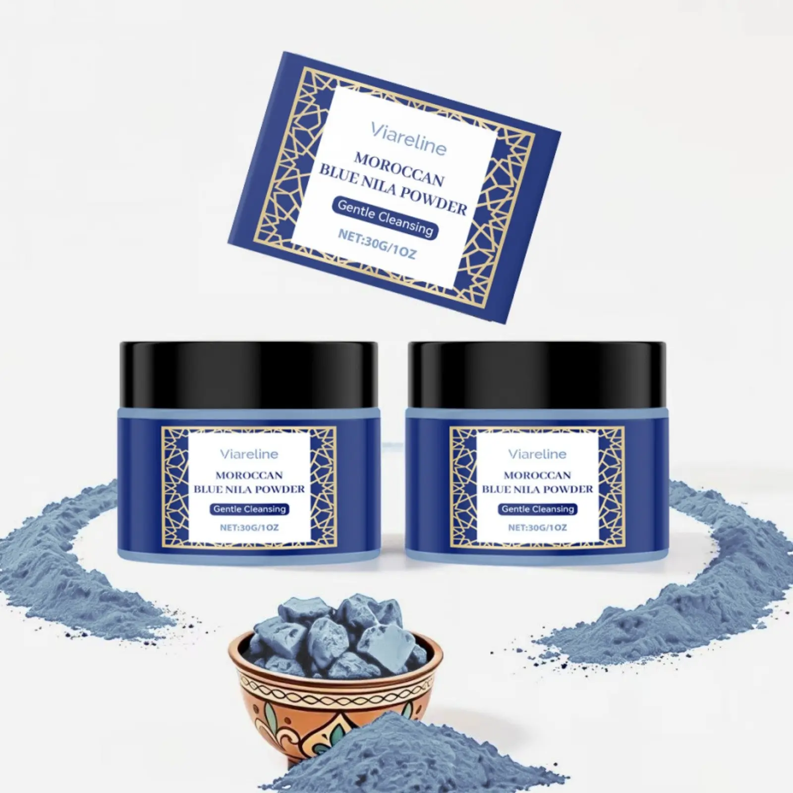 Moroccan Nila Powder(2 Counts Set)  – Natural Blue Clay Mask. Brightening, exfoliating, gentle cleansing. Plant-based with Alpha-Arbutin, traditional hammam skincare for glowing, even-toned skin.