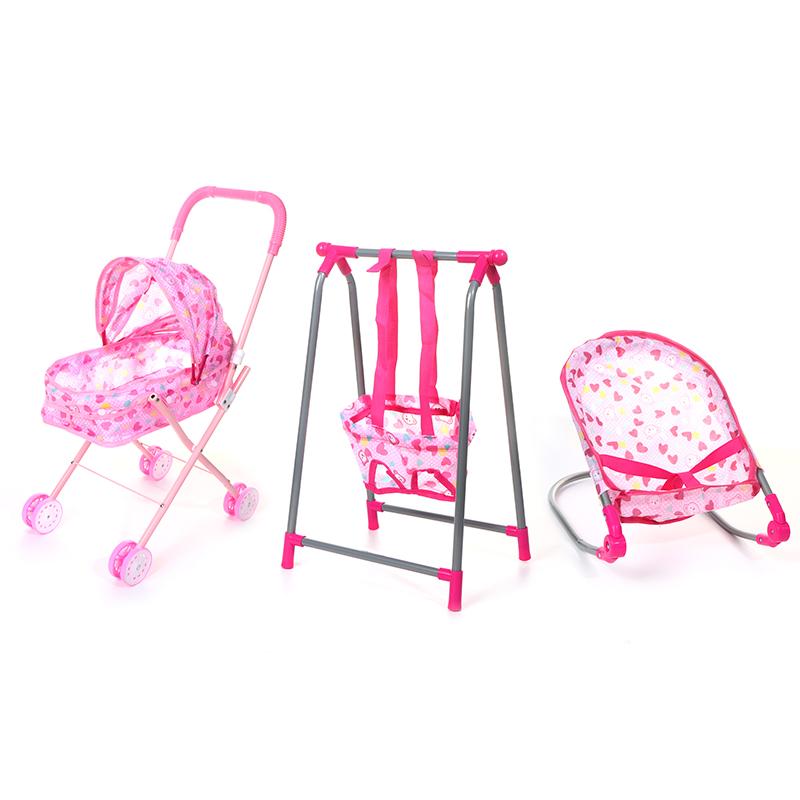 Simulation Doll Stroller Set Pink Baby Stroller Pretend Play Toys Rocking Chairs Swing Bed Dining Chair Doll House Accessories