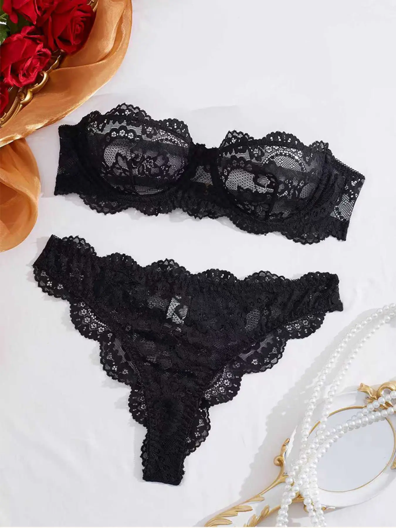 Women's Lace Cutout Transparent Bra Set, Pure Desire Strapless Push-Up Bra, Seamless Panties, Thong Underwear Set