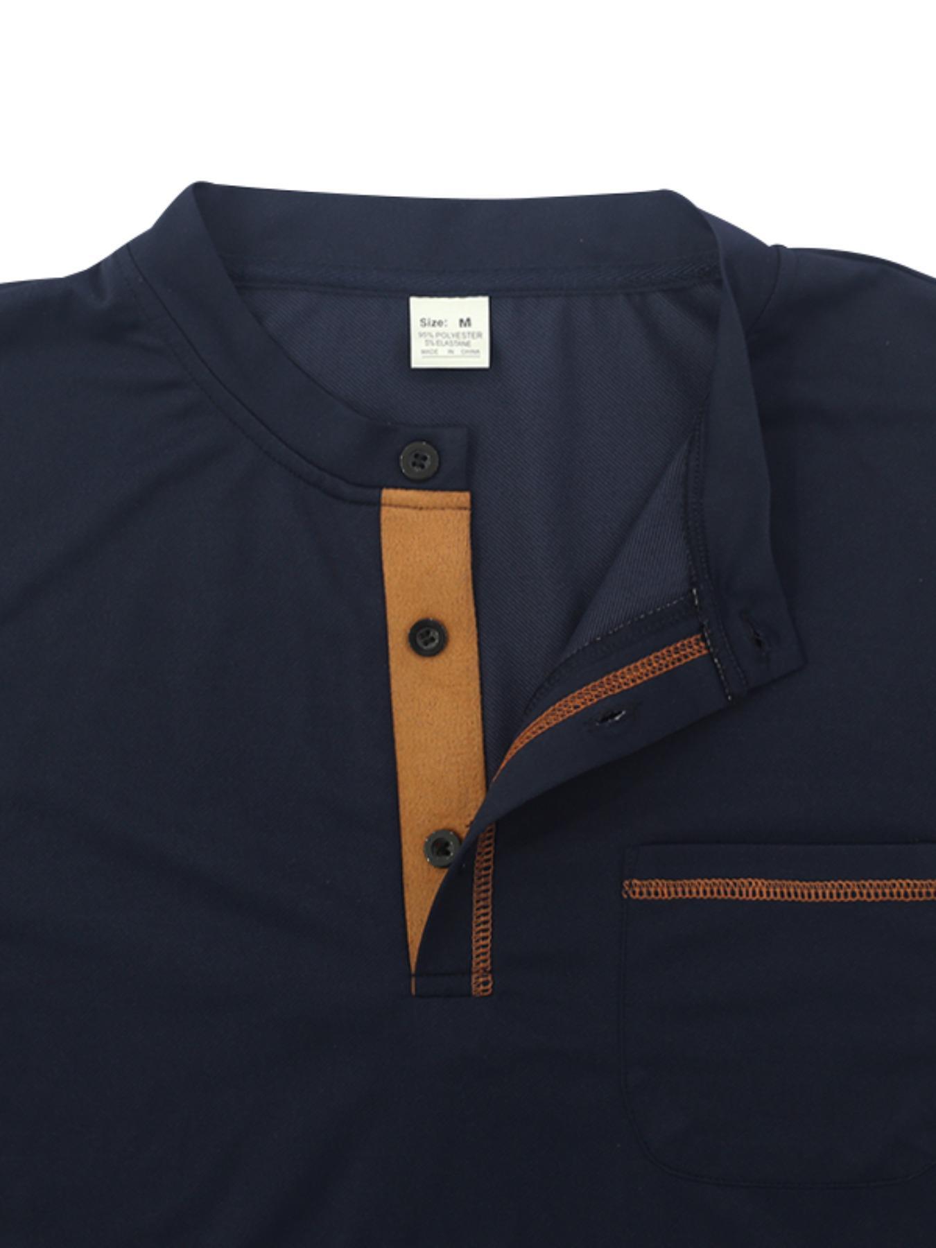 Men's Regular Fit Long Sleeve Pocket T-shirt, Casual Button Front Mock Neck Top for Spring & Fall, Fashion Men's Clothes for Daily Wear