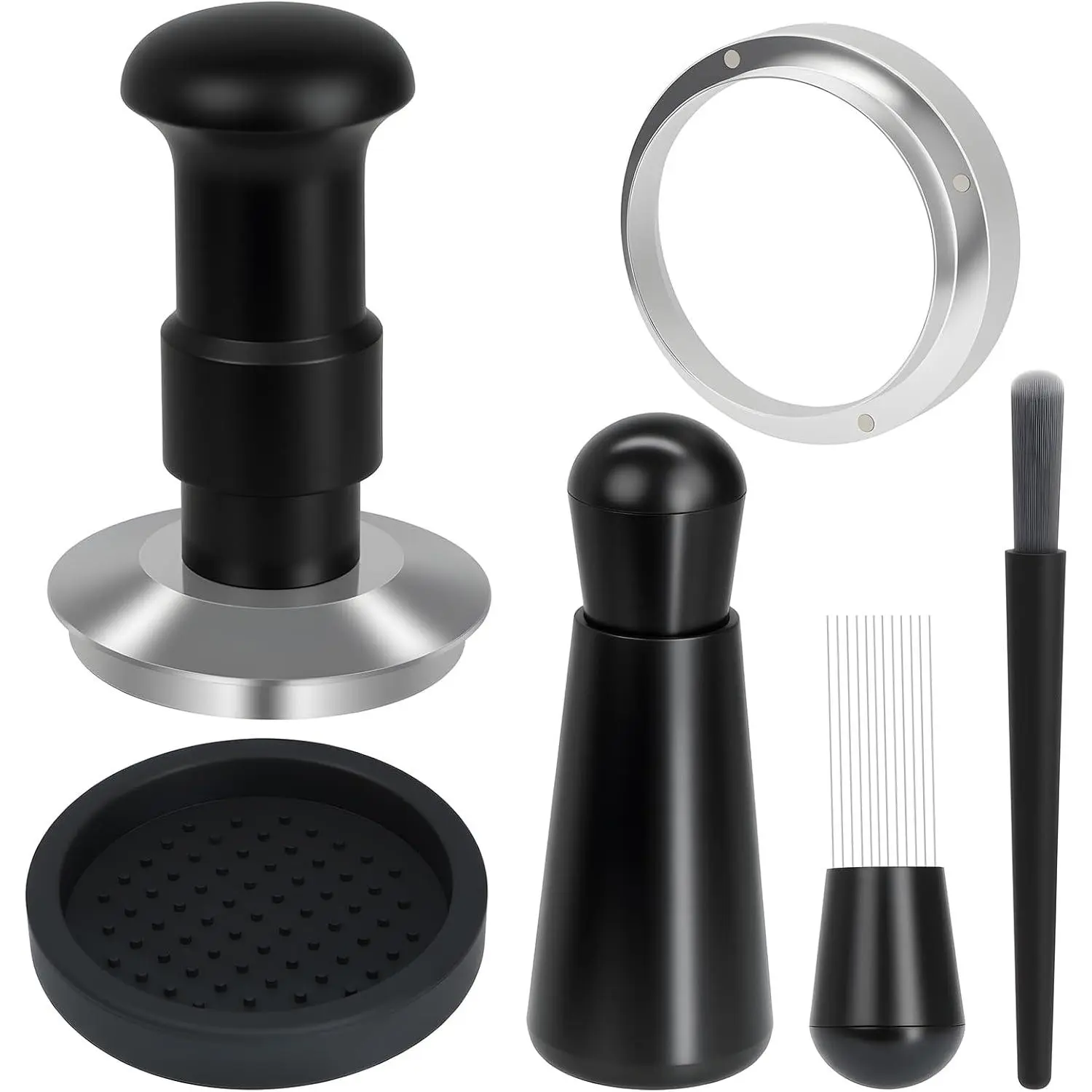 Stainless Steel 54mm Black Espresso Tamper Set - 5-IN-1 Espresso Machine Tools Kit with High-Precision WDT Tool, Dosing Funnel, Non-Slip Mat, Cleaning Brush for Coffee Lovers