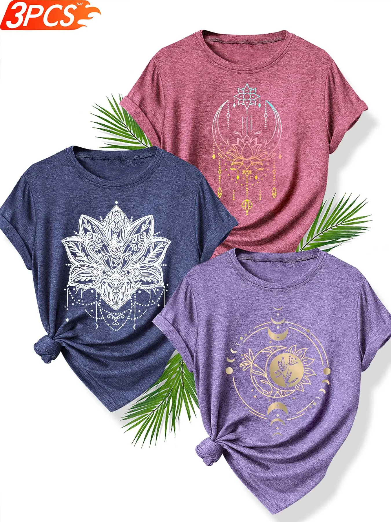 3Pcs Women Crew Neck T-Shirt, Casual Stylish Tee, Gradient Mandala Crescent Bohemian Mystical Print, Multi-color Washable Spring Summer Top, Soft Skin-friendly Fabric Daily Versatile Fashion Design