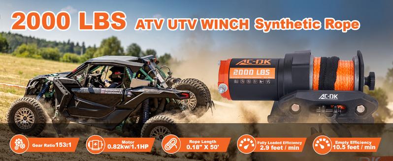AC-DK 12V 2000-lb. ATV/UTV Electric Winch, Off-Road Synthetic Rope Winch for Trailer Boat RV Towing Winches, ATV/UTV Winch with Big Yellow Wired Remote and Winch Mounting Plate