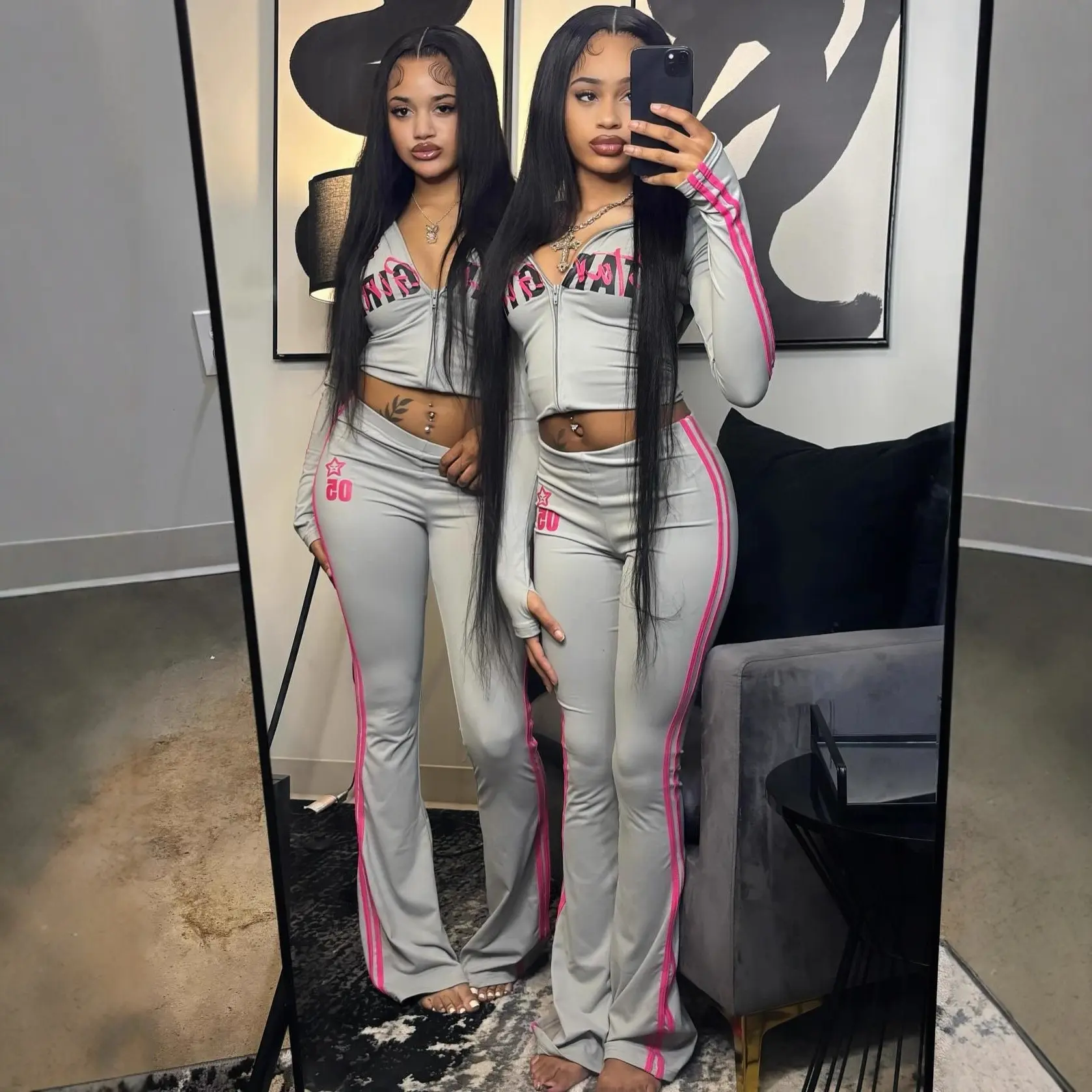 Women's 2‑Piece Outfit Set, Athletic Casual Full‑Zip Long‑Sleeve Cropped Jacket & Side‑Stripe High‑Waist Flare Pants, Slim‑Fit Sport Street‑Style Matching Set for Daily and Club Wear