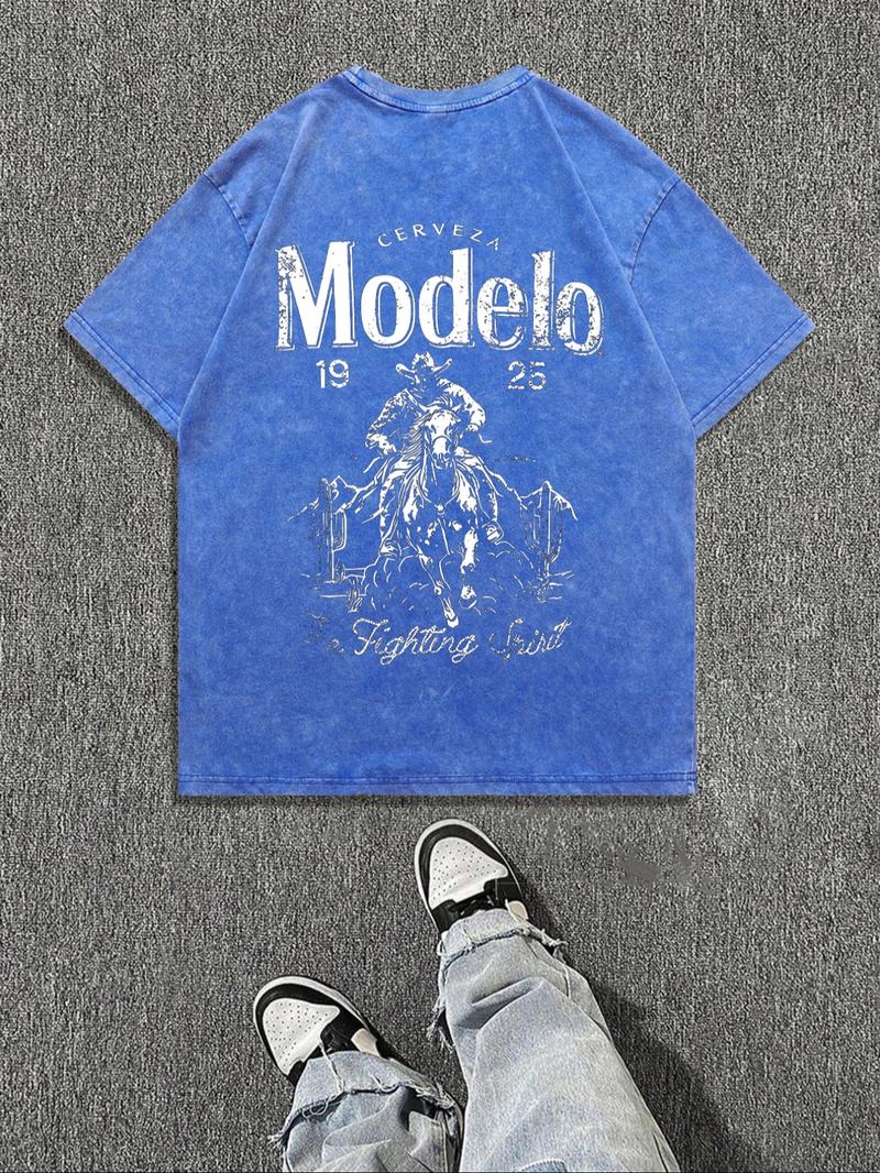 Men's Vintage Letter & Cowboy Print Casual Graphic Design Short Sleeve Tee, Casual Loose Retro T-shirt for Daily Wear, Menswear for All Seasons, Men's Graphic Tees