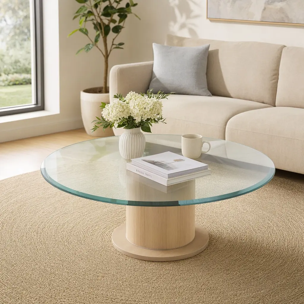 ARCH 32 Inch Round Tempered Glass Table Top Clear 1/2 Inch Thick Beveled Polished Edge Coffee Table Top Replacement Glass for Living Room Dining Room Patio Office Furniture, Transparent Color Options, Tempered Glass Material, Product Dimensions: