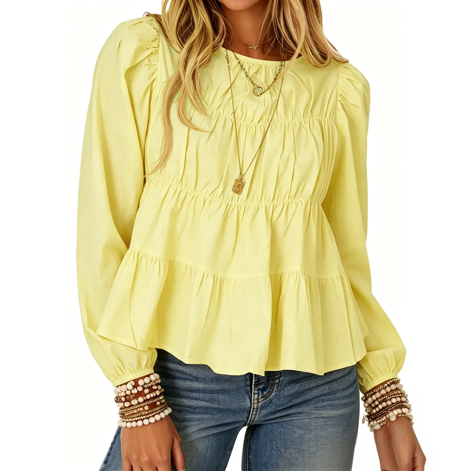 Tankaneo Women's Puff Long Sleeve Peplum Babydoll Blouse - Pleated, Flowy, Comfortable, Slimming, Breathable, Ideal for Beach Wear