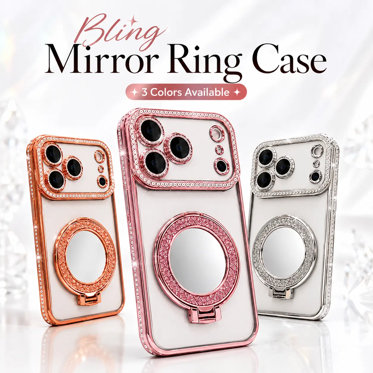 Bling Mirror Case for iPhone 17 Pro Max with Ring Stand, Sparkly Rhinestone Phone Case with Wrist Strap, Cute Protective Case for Women Girls
