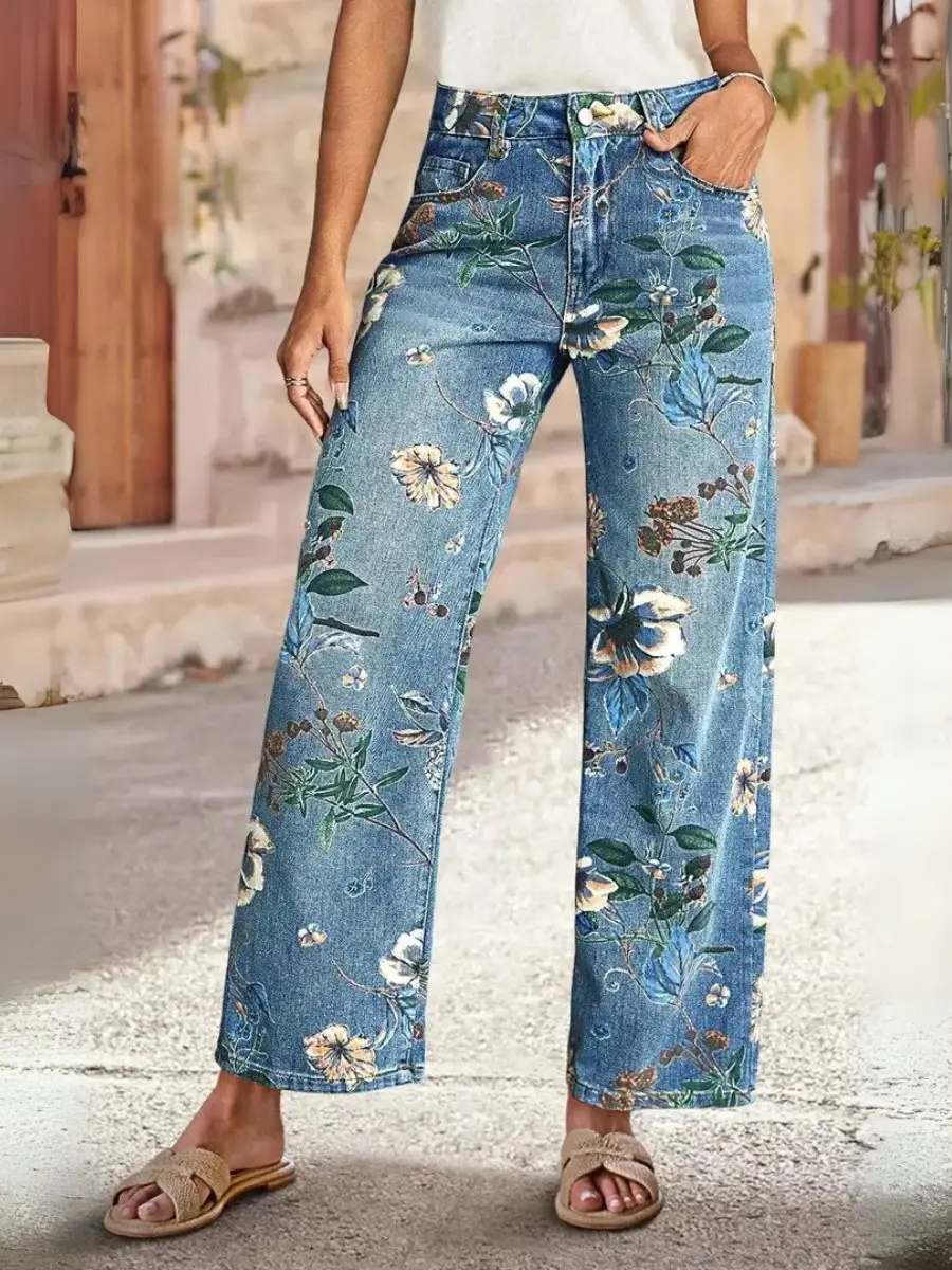 Women's Vintage Floral Printed Barrel Jeans Y2k Boyfriend Wide Leg Denim Pants with Pockets