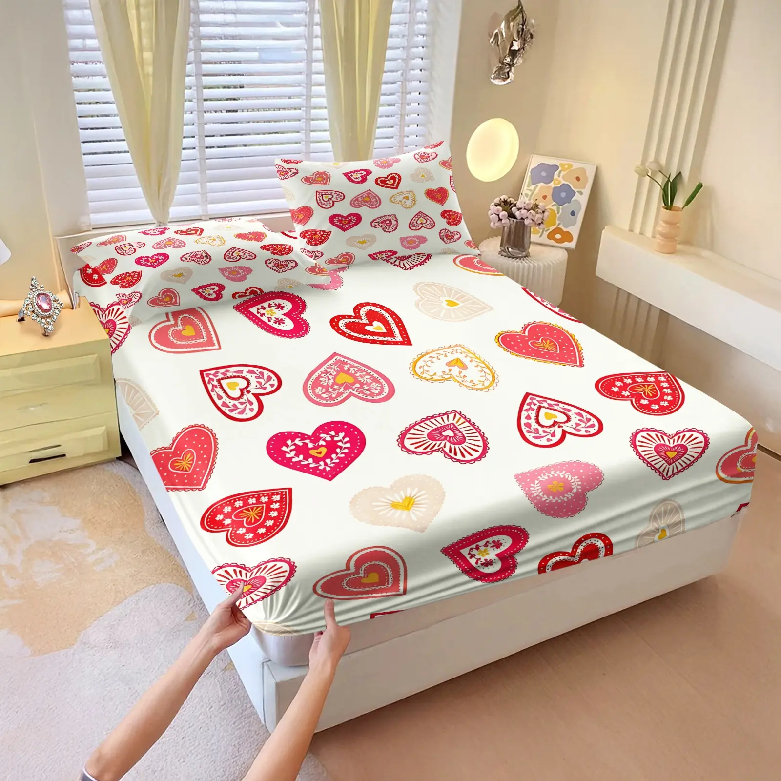 3 Pcs Colorful hearts printed everywhere Fitted Sheet Set,Includes 1 Fitted Sheet & 2 Pillowcases without Filler,Convey a natural and relaxed sense of love,Filled with festive joy,Soft and comfortable bedding.Multiple styles to choose from.