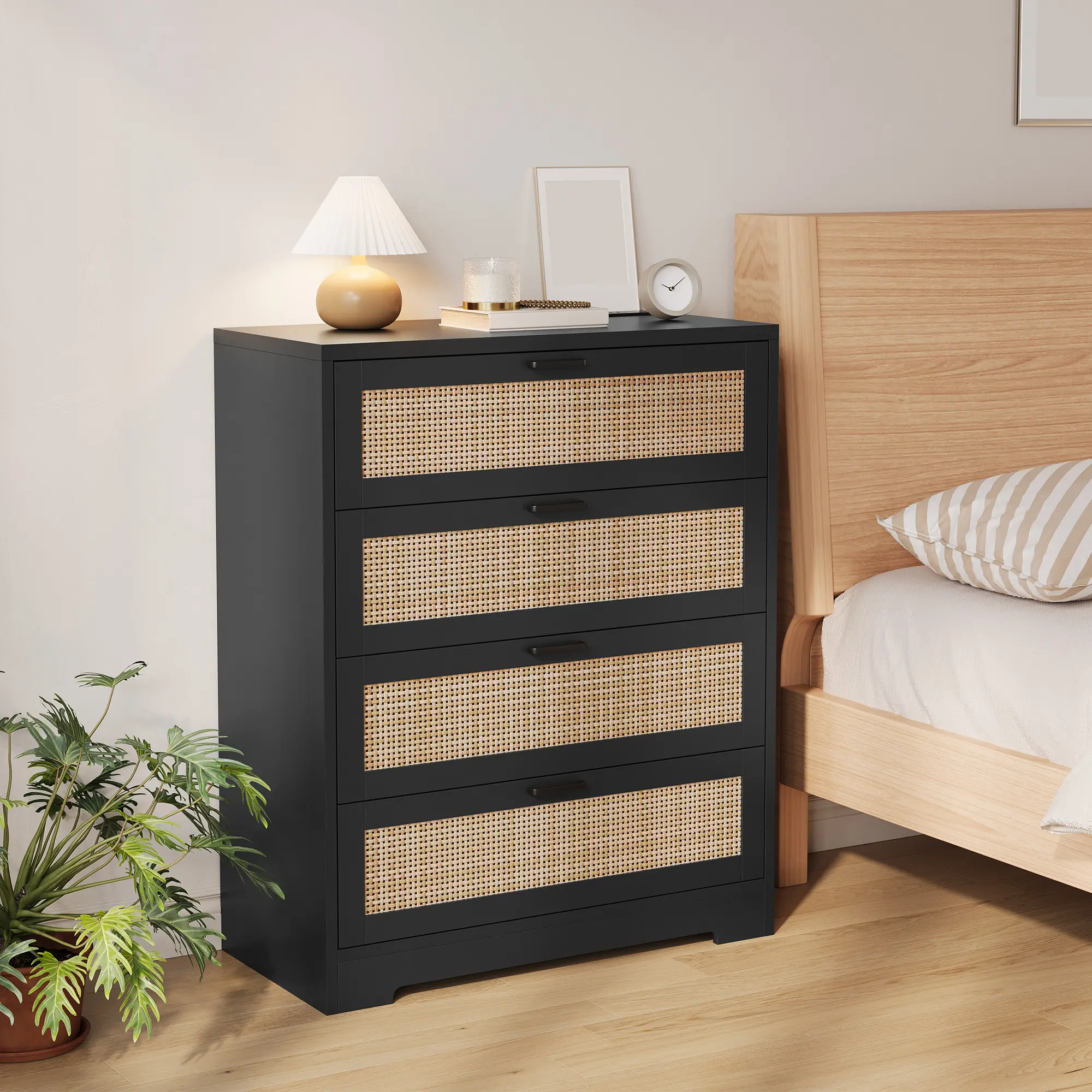 31.5 Inch Modern Farmhouse 4-Drawer Rattan Dresser, Tall Wooden Chest of Drawers with Built-in Charging Station, Multipurpose Storage Cabinet for Bedroom, Nursery, Living Room & Entryway Apartment