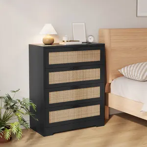 31.5 Inch Modern Farmhouse 4-Drawer Rattan Dresser, Tall Wooden Chest of Drawers with Built-in Charging Station, Multipurpose Storage Cabinet for Bedroom, Nursery, Living Room & Entryway Apartment