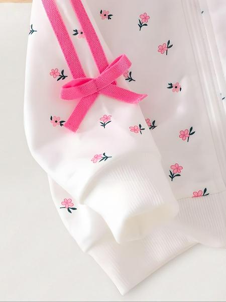 Girls Spring Autumn Floral Printed Hooded Zipper Jacket & Cuffed Long Pants Set, Toddler Cute Stylish Two-Piece for Girls, Baby Clothing