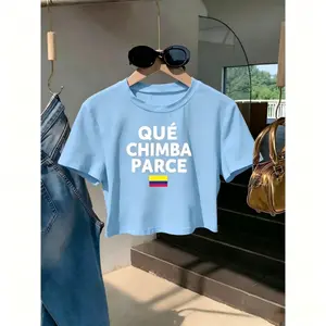 Que Chimba Parce Colombia Flag Print Women Crop Top T Shirt Y2k Casual Short Sleeve Tee Summer Streetwear Daily Wear Vacation Outfit Cute Funny Graphic Top For Latina Girls