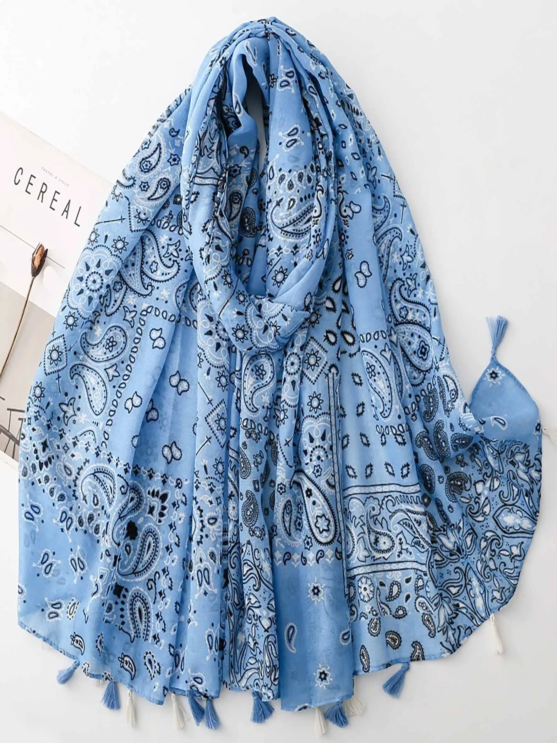 Women's Vintage Paisley Print Scarf, Sea Salt Blue Lotus Flower Silk Scarf, Geometric Air Conditioning Shawl, Travel Sunscreen Mesh Scarf