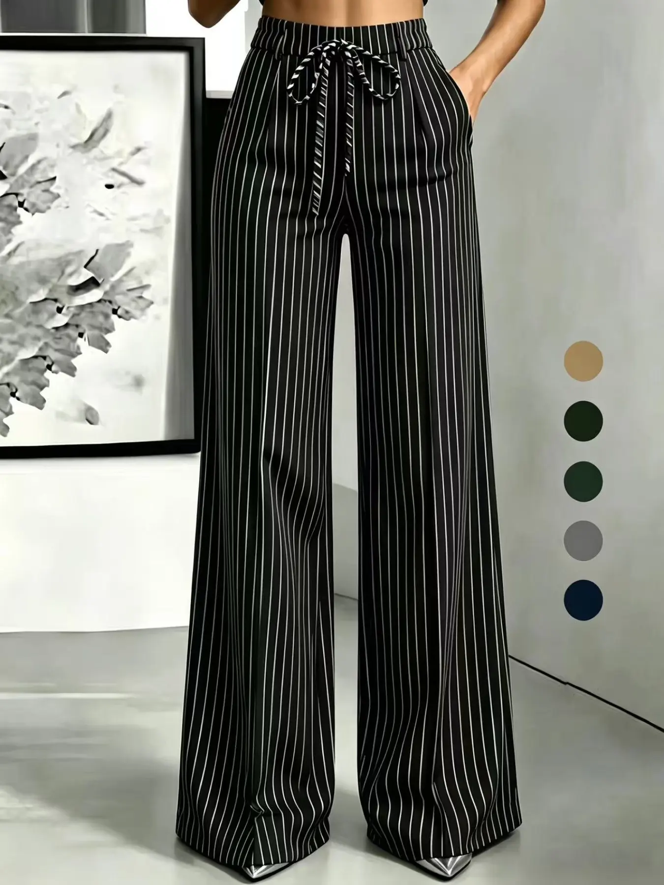 vertical stripe tie bow high waist Drawstring Adjustable wide leg suit pants elegant office women bottoms
