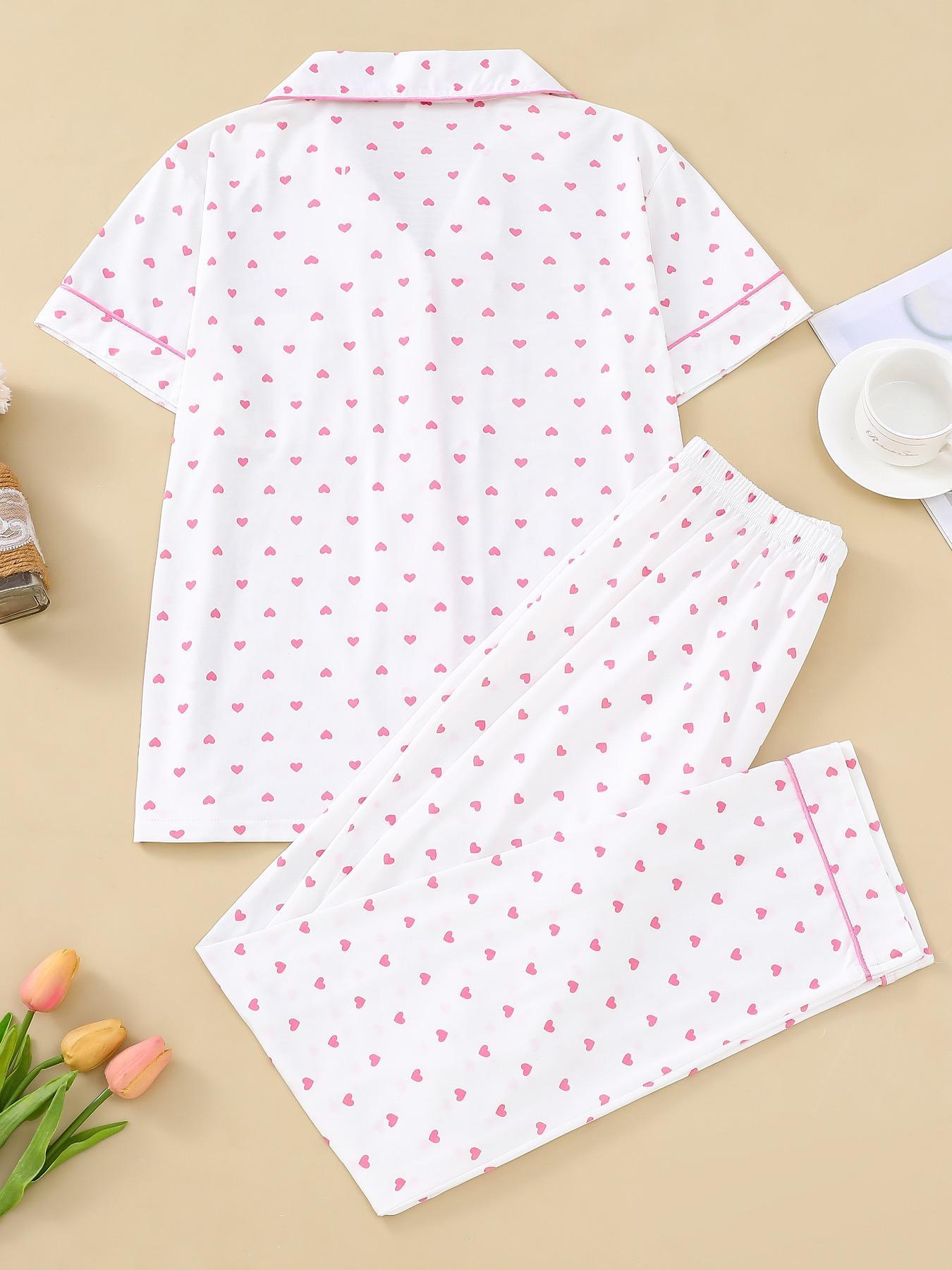 2 Pieces Women's Heart Print Pocket Button Front Shirt & Elastic Waist Pants Pyjama Set, Casual Short Sleeve Lapel Top & Trousers, Valentine's Day Gift, Women's Sleepwear for Summer