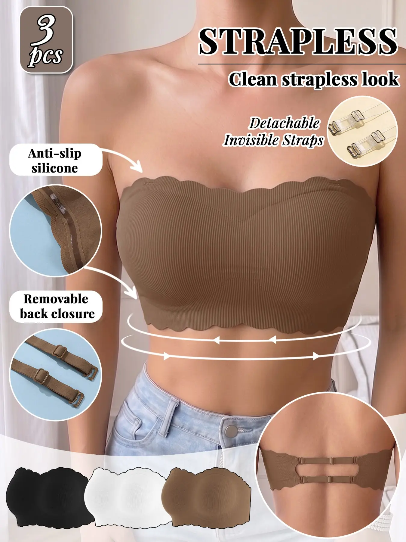 3-Pack Jelly Support Strapless Bandeau Bra Breathable, Detachable Adjustable Straps, Anti-slip Push Up & Side Boob Control, Wavy Seamless Trim, Invisible For Off-Shoulder & Backless Outfits
