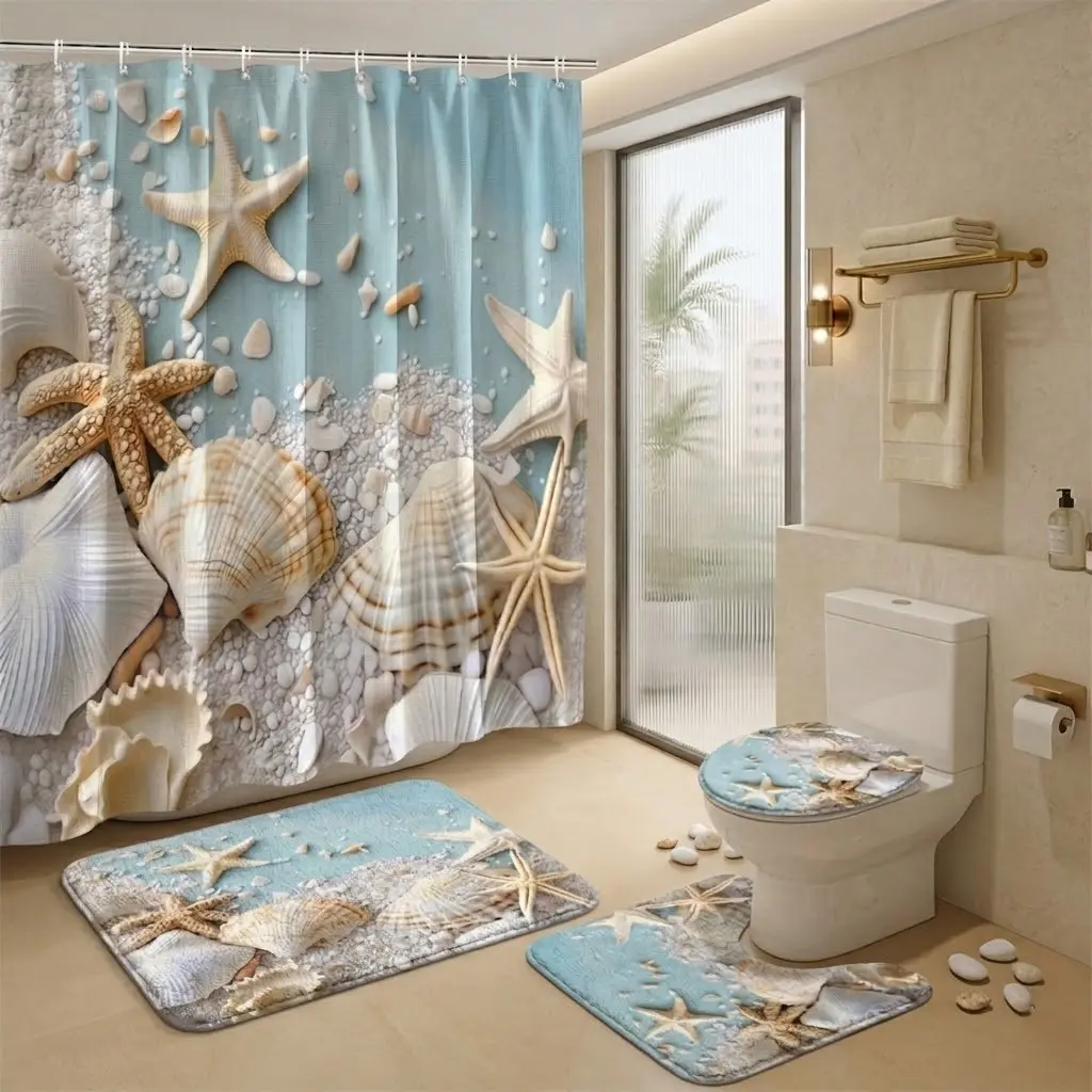 4pcs Coastal Charm Bathroom Set, Beach-Themed Shower Curtain Sets with Starfish and Seashell Print, Matching Toilet Seat Cover and Bath Mats