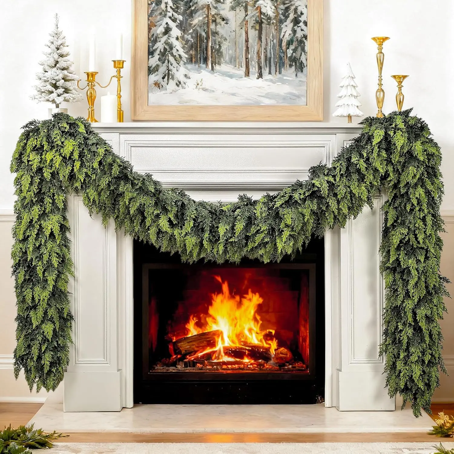 Full Bushy Artificial Cedar Christmas Garland - Real Touch, No Shed PE Pine Needle, Flexible Stem, Bendable Wire, Draping Greenery Swag - Minimalist Winter Holiday Xmas Decor for Fireplace Mantle, Stair Railing, Cascading